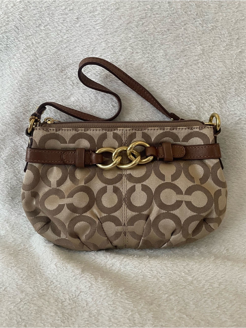 Vtg Coach Signature C Tan Gold Logo Clutch Buckle Leather Trim Mini Bag Purse